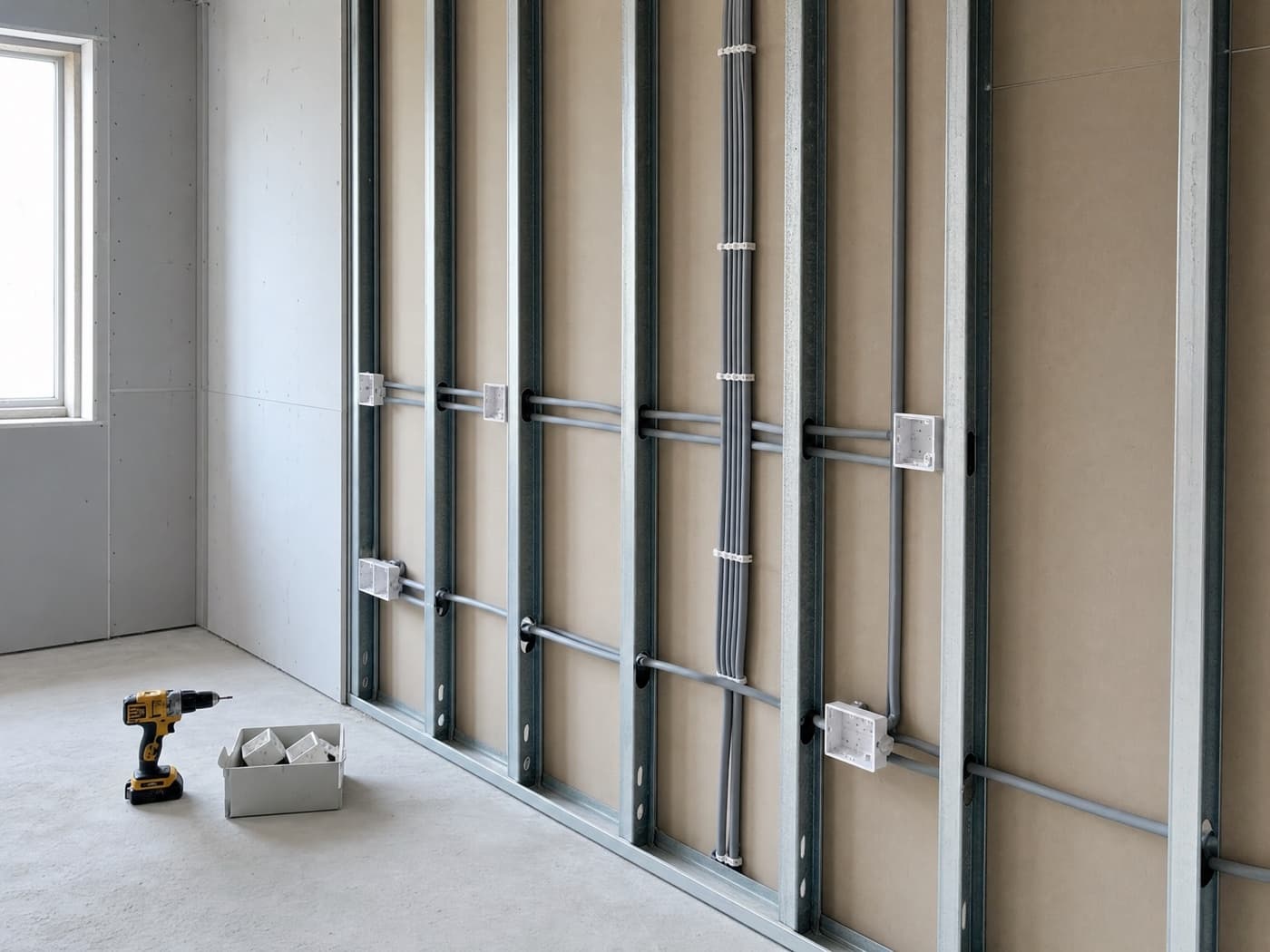 Elektroinstallation im Ständerwerk: Leerrohre, Dosen und sauber verlegte Leitungen