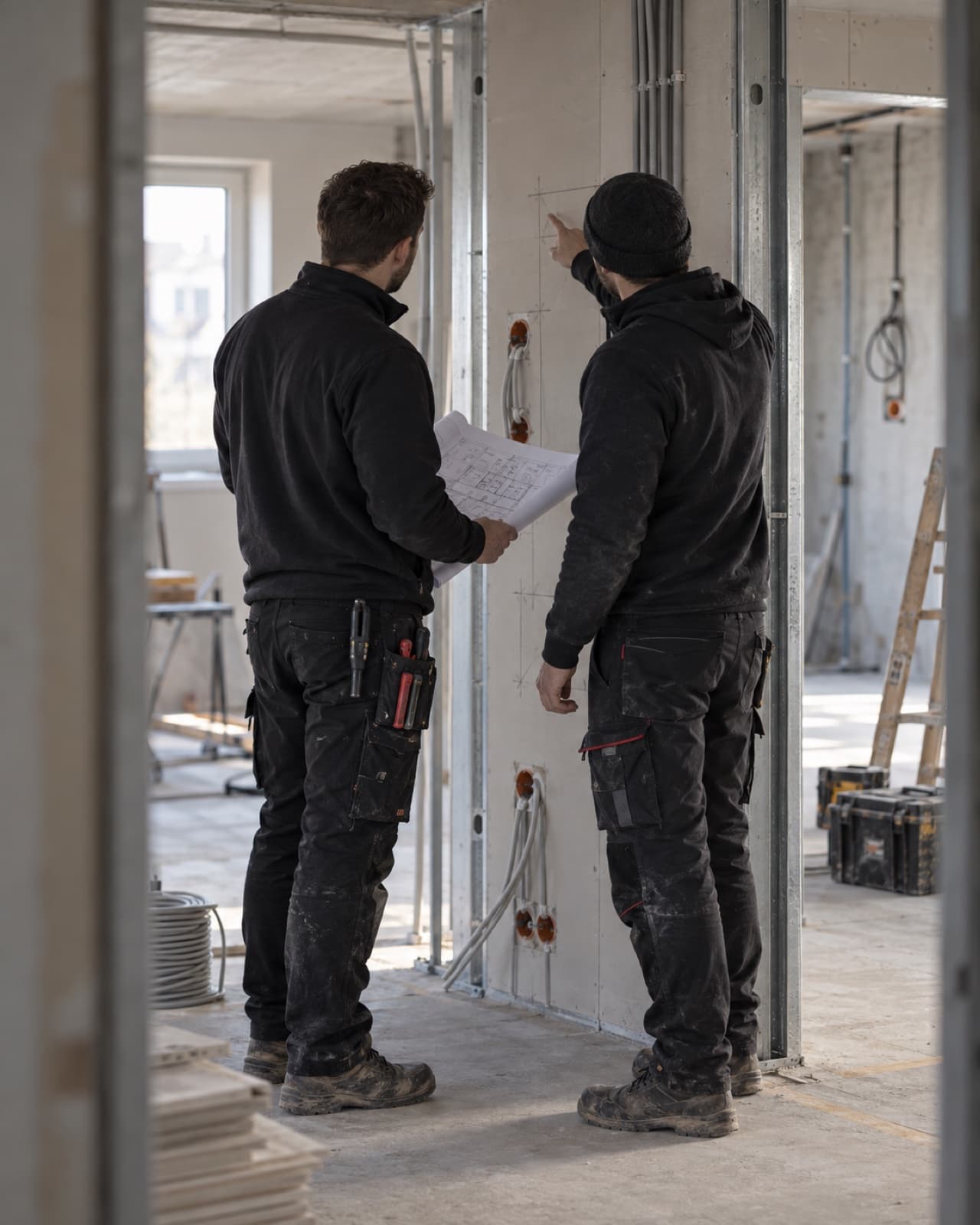 Zwei Handwerker von Z&M Bau stimmen sich vor einer Trockenbauwand über den Plan ab, daneben gesetzte Dosen und verlegte Leerrohre